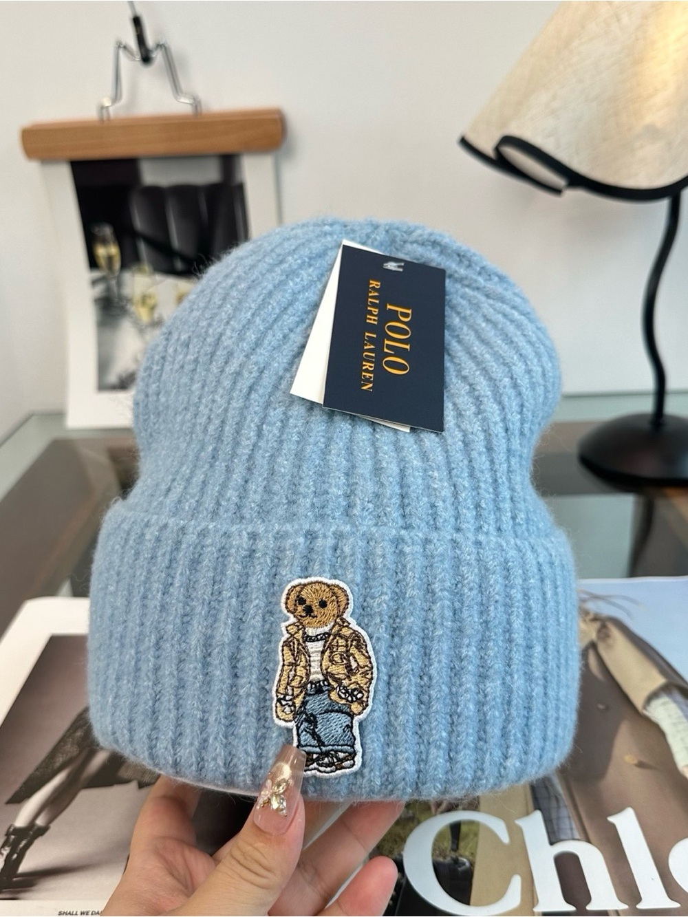Polo by Ralph Lauren Light Blue Rib Knit Beanie with Bear Patch